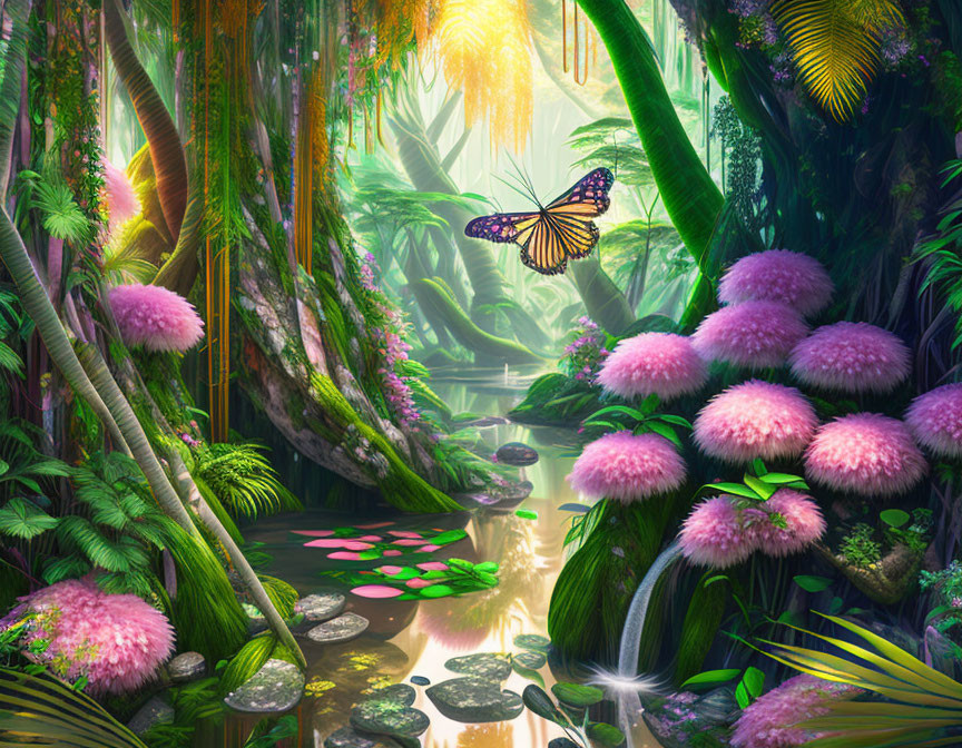 Vibrant flora in lush fantasy jungle with serene river and pink flowers