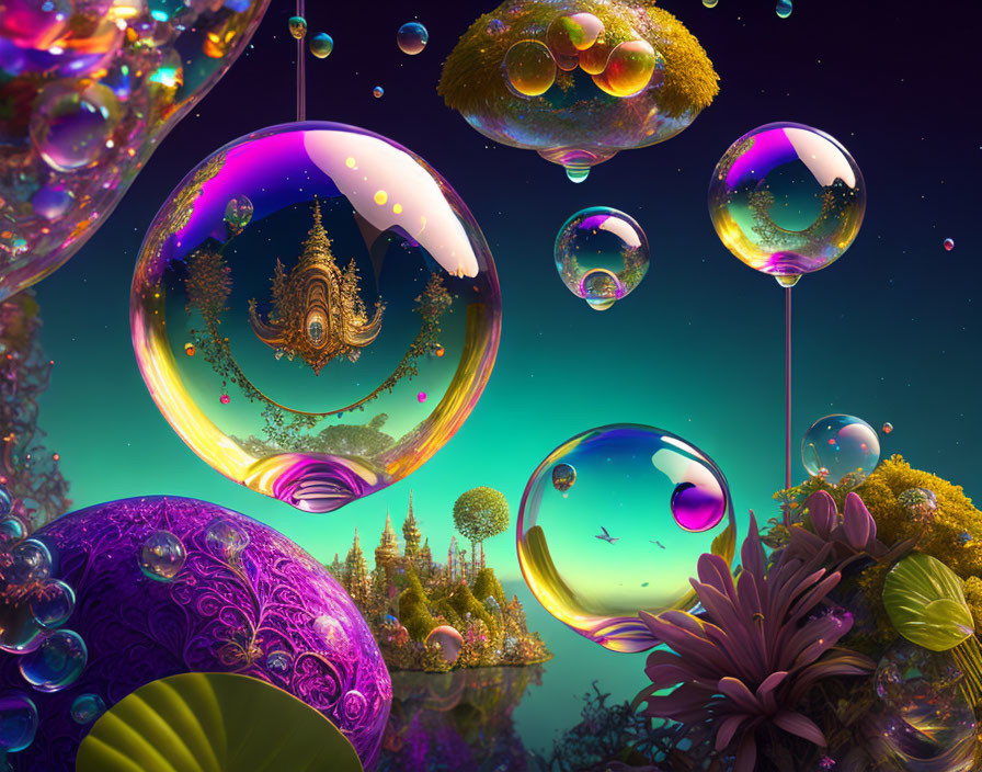 Surreal landscape with floating bubbles and miniature worlds amid colorful flora