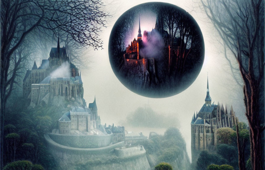 Mystic castle in fog with bare trees and illuminated night view magnified orb