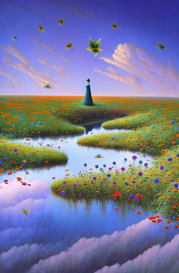 Surreal painting of woman in flower field with oversized butterflies