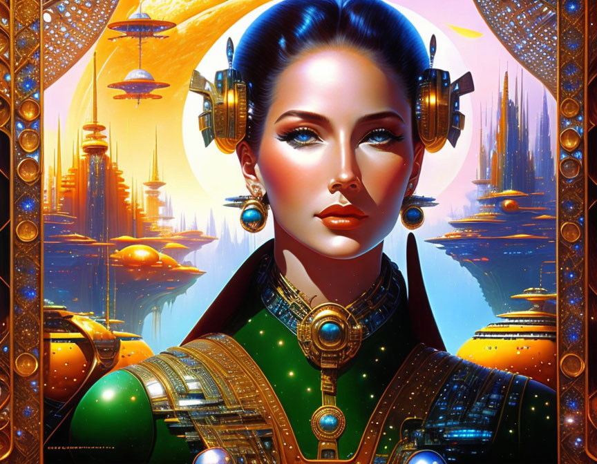 Futuristic portrait of a woman with sleek hair and ornate golden earrings in a vibrant sci-fi