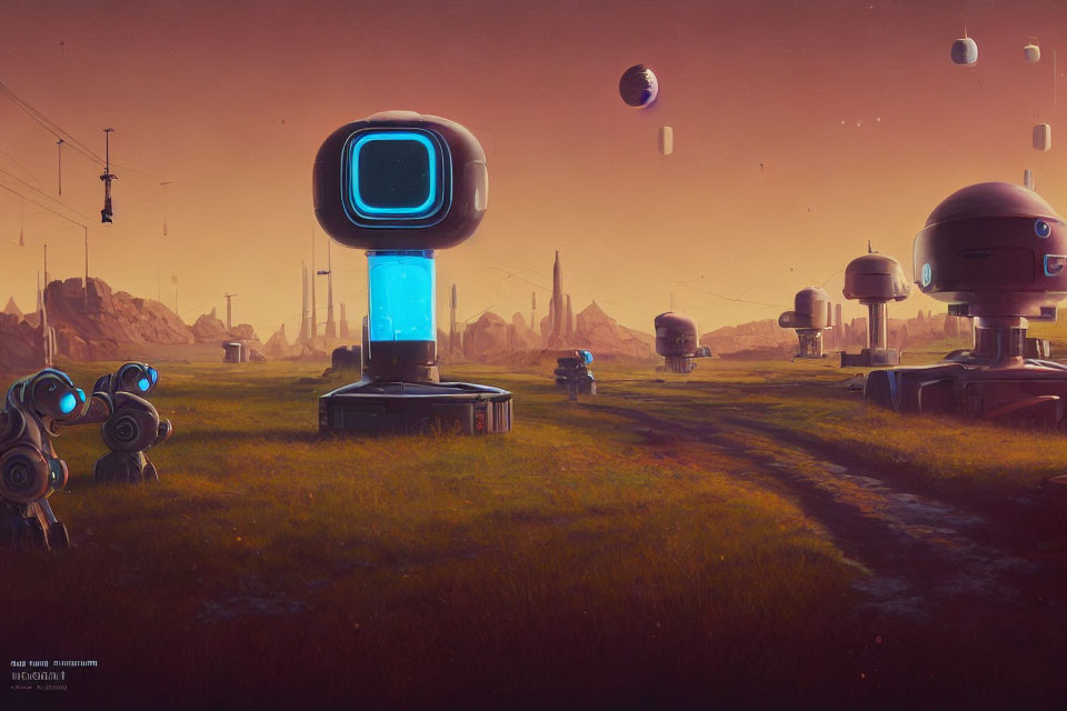 Sci-fi landscape with floating orbs, robots, and futuristic structures under an orange sky