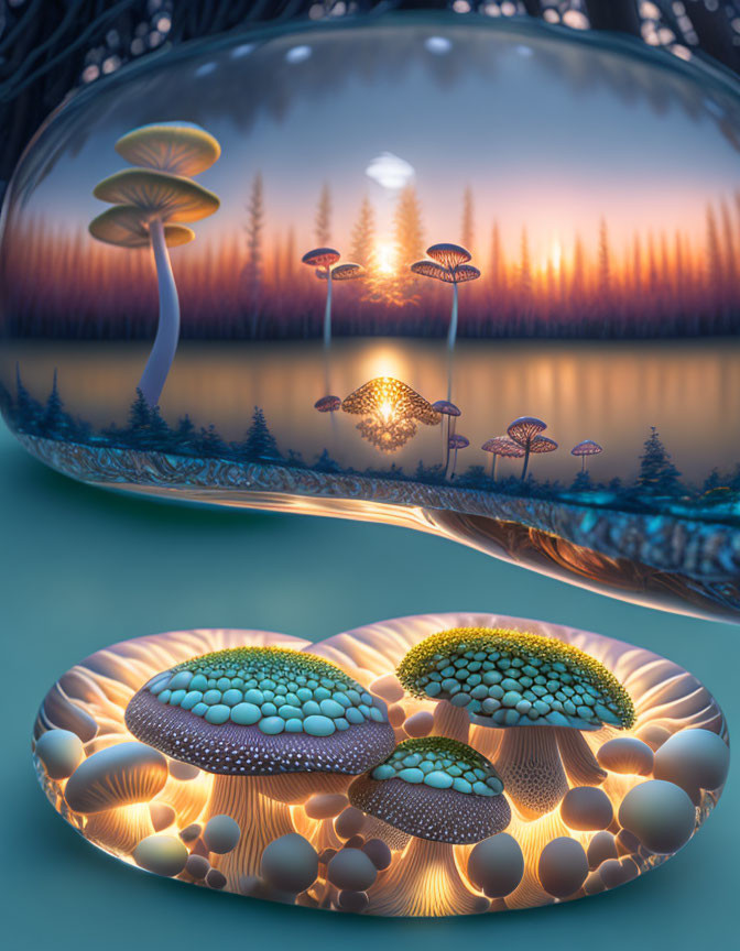 Surreal landscape with oversized mushrooms, serene lake, forest backdrop, and glass-like bubble.