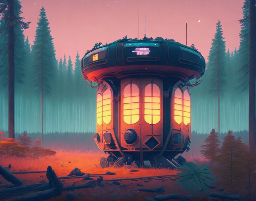 Retro-futuristic structure with large windows in twilight forest clearing