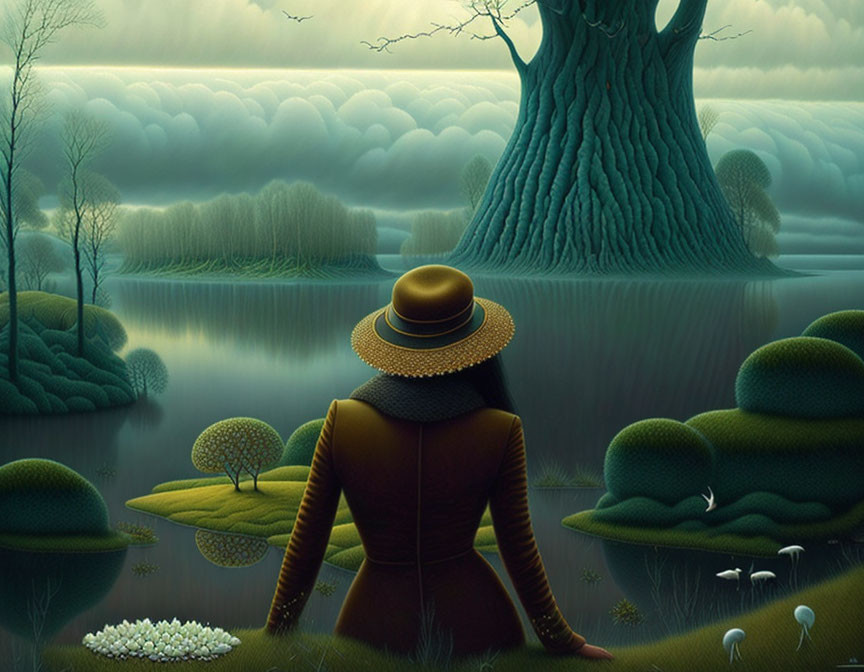 Person in hat gazes at tree by tranquil lake in serene landscape