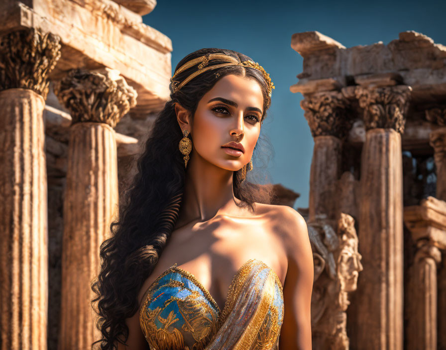 Elegant woman in gold dress by ancient ruins under blue sky