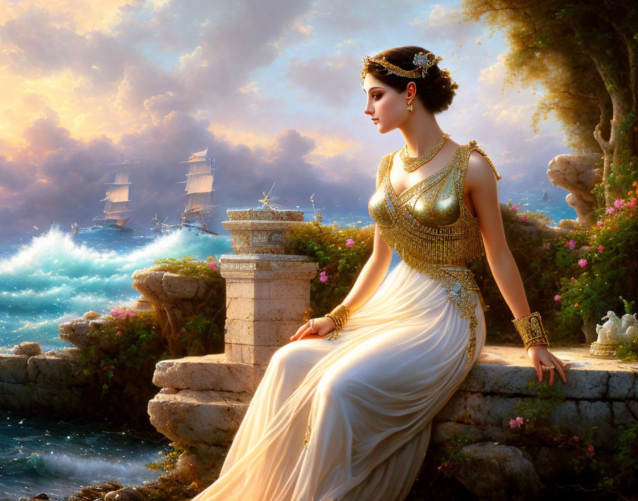 Woman in elegant dress by sea with golden embroidery, sailing ships, dramatic sky.