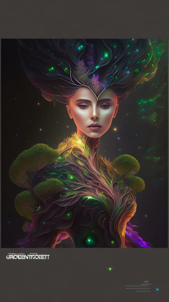 Vibrant surreal portrait of a woman with nature-inspired headdress