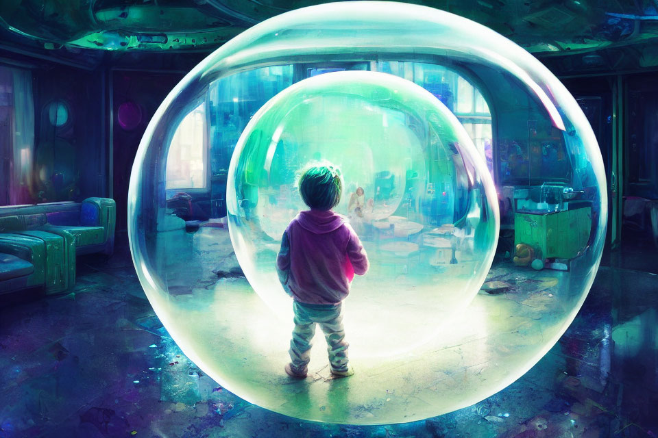 Child in Purple Hoodie Stands in Iridescent Bubble Room