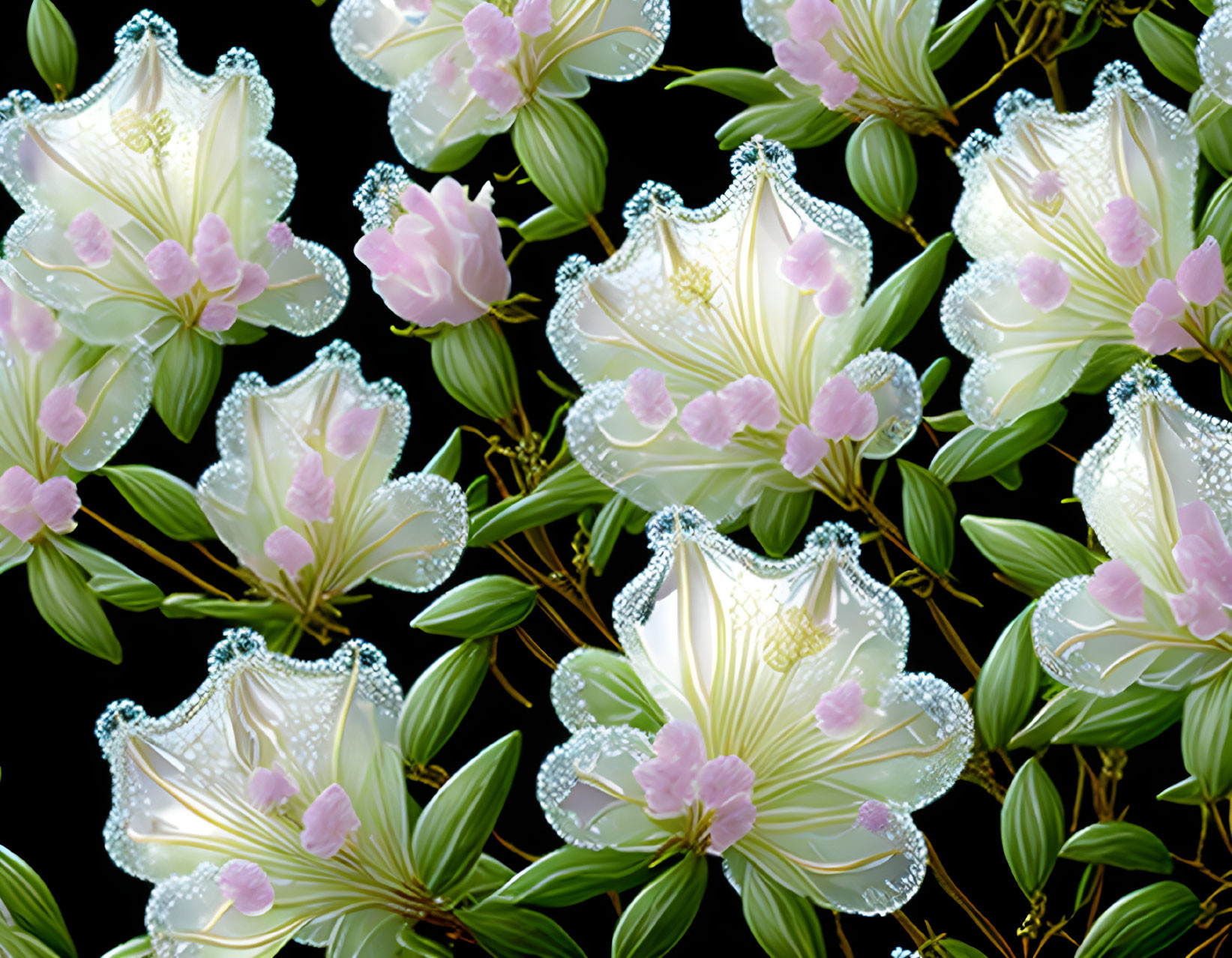 Delicate White Flowers Pattern with Shimmering Edge on Dark Background