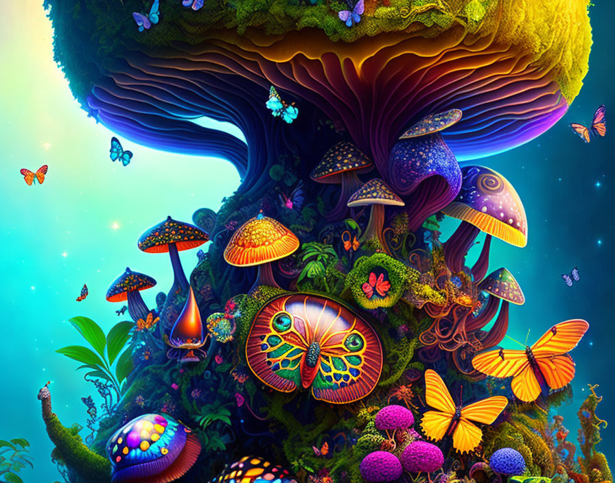 Colorful Fantasy Landscape with Oversized Mushrooms and Glowing Tree