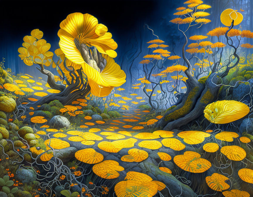 Digital artwork: Mystical forest with glowing yellow and orange foliage