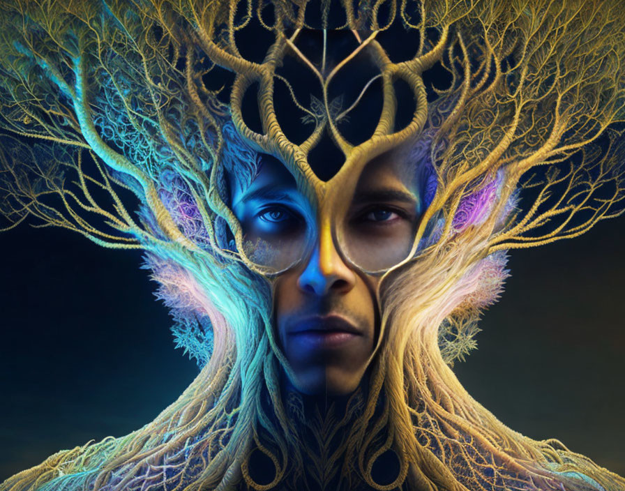 Person with tree-like branches growing from head in digital artwork