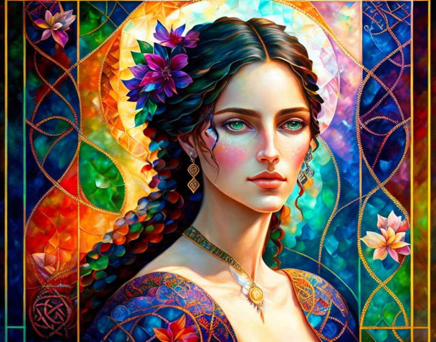 Vibrant digital portrait of a woman with floral hair and intricate jewelry