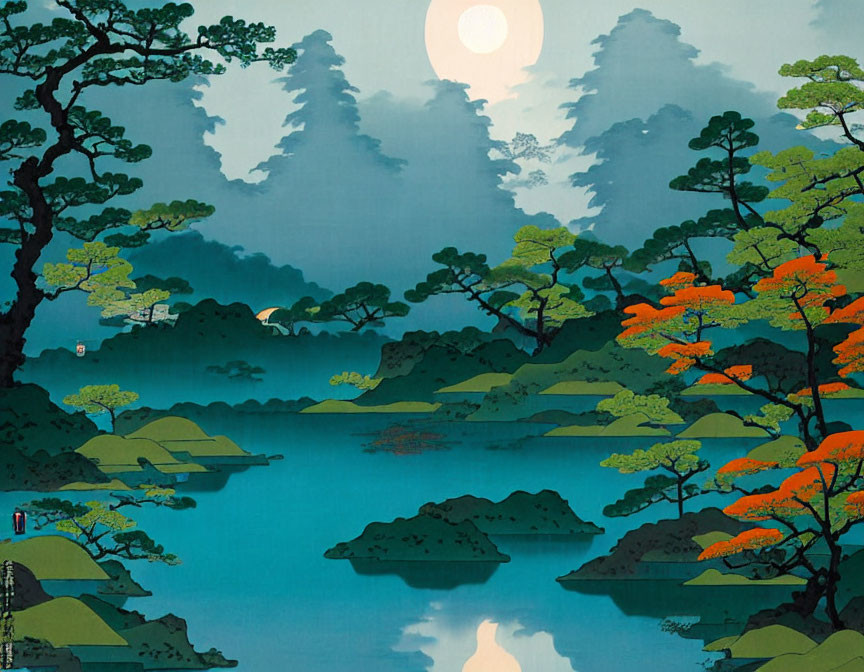 Tranquil full moon landscape over misty forest and blue lake