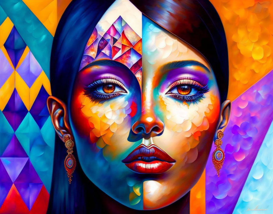 Colorful Portrait of Woman with Symmetrical Face Paint in Geometric Patterns