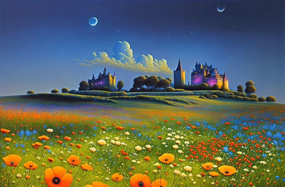 Colorful Flower Field Painting with Castle and Planets at Twilight