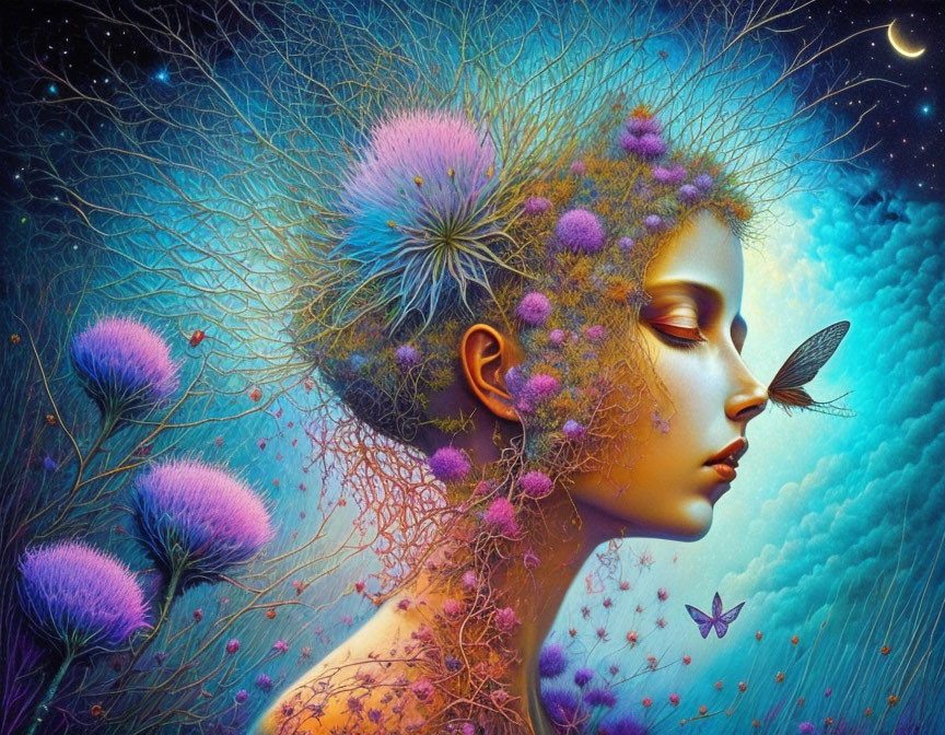 Surreal portrait of woman with vegetation hair, colorful flora, butterflies, night sky.