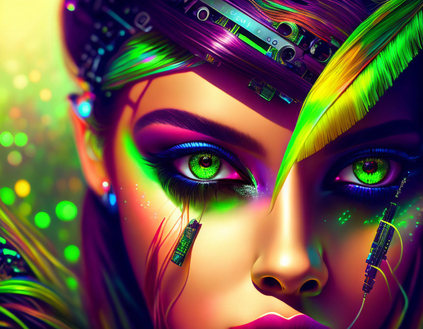 Colorful digital portrait of female with green eyes, vibrant makeup, feathers, and circuitry elements.