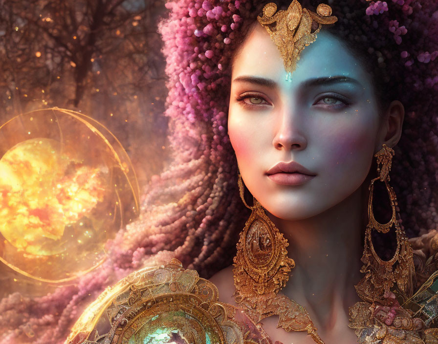 Fantastical portrait of woman with purple floral hair and golden jewelry.