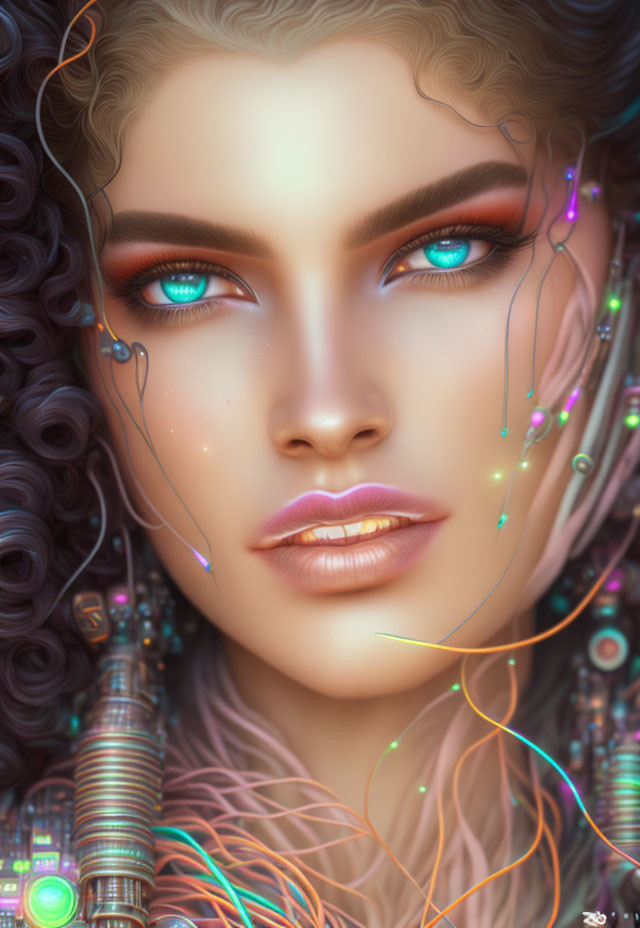 Female Figure with Glowing Turquoise Eyes and Cybernetic Elements