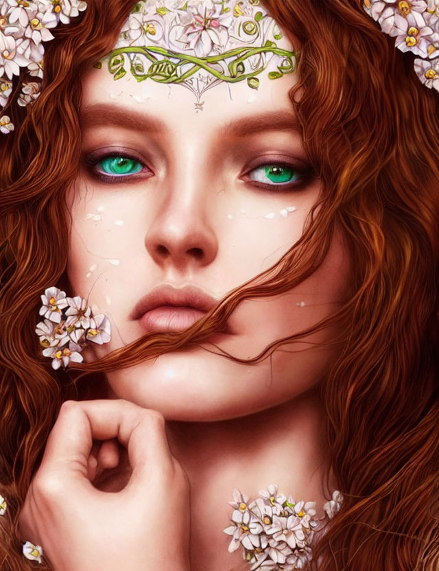 Detailed illustration: Woman with vibrant green eyes and floral headpiece in auburn hair