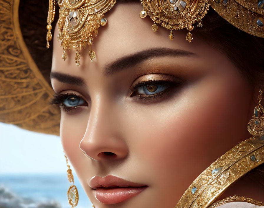 Detailed Close-Up of Woman in Elegant Golden Jewelry and Headdress