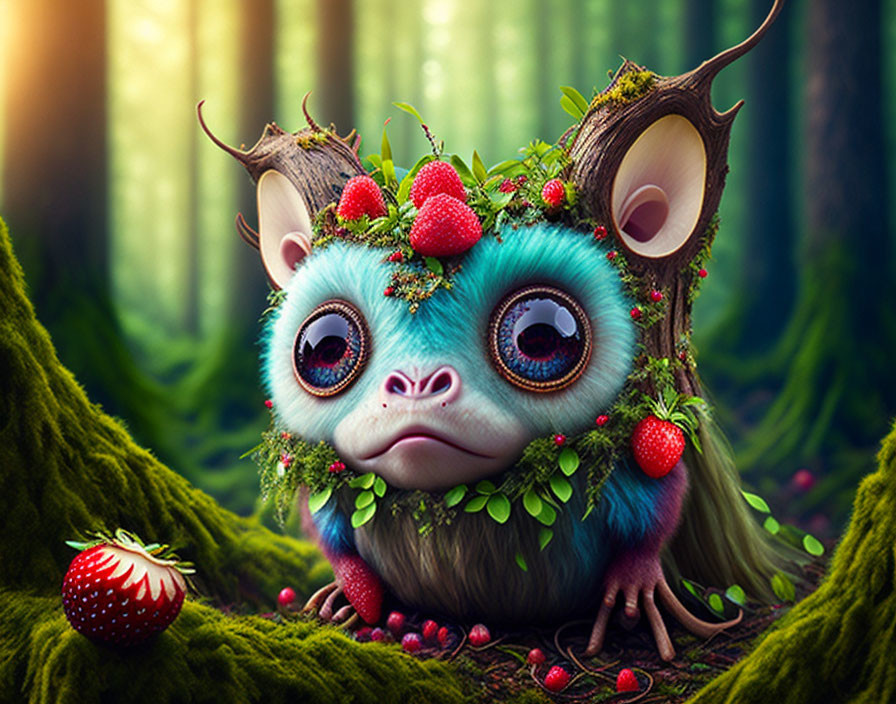 Whimsical creature with large eyes, antlers, and strawberry fur in vibrant forest