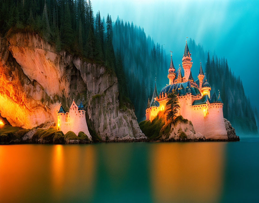 Illuminated fairytale castle on cliff overlooking misty forest and lake