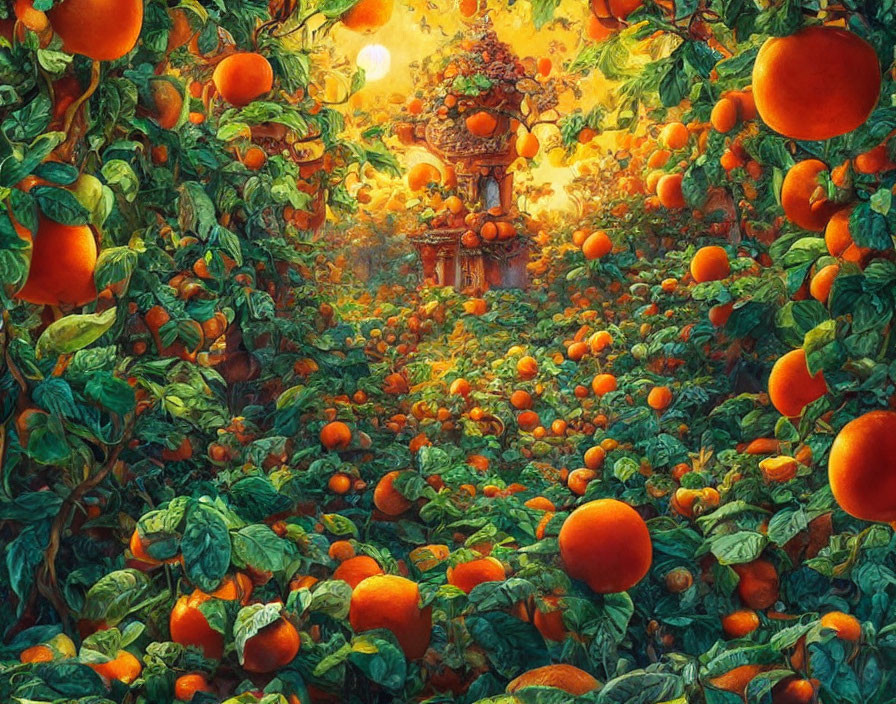 Vibrant orange grove with ripe fruits and mystical structure