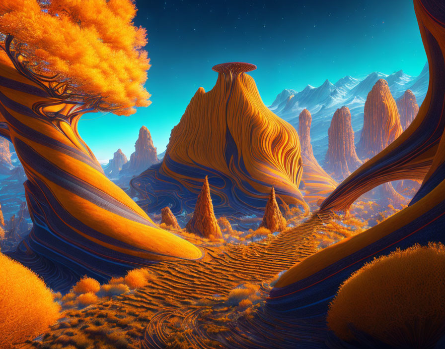 Colorful Alien Landscape with Orange Foliage and Blue Rock Formations