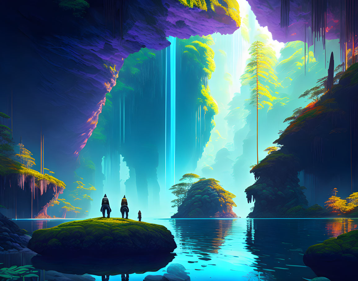 Figures by serene lake in cavern with sunlight and waterfalls