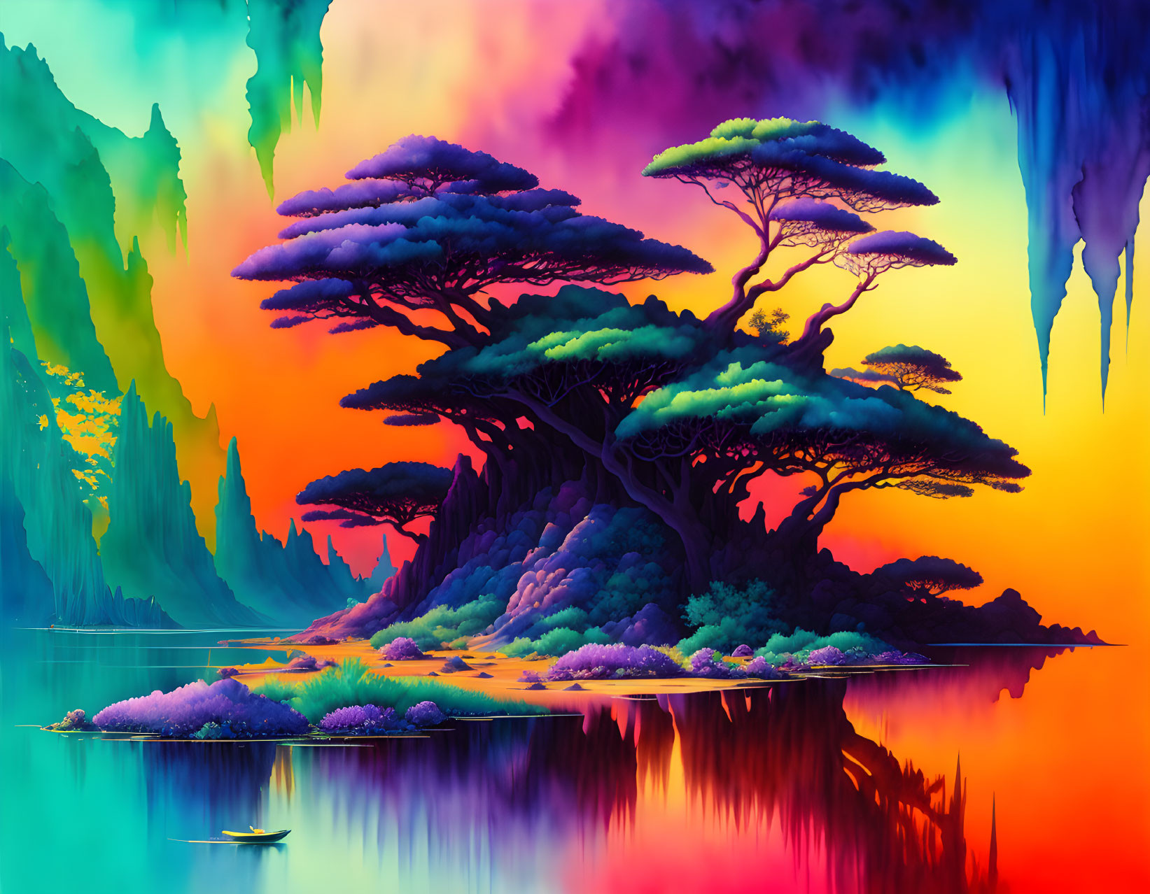 Colorful digital artwork: fantastical landscape with vibrant trees, serene lake, and surreal sky