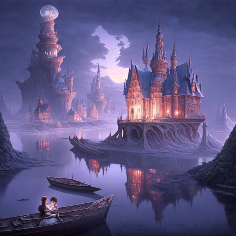 Enchanting castle with spires on foggy lake at twilight