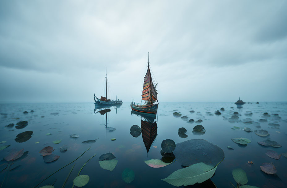 Tranquil lake scene with lily pads and sailboats