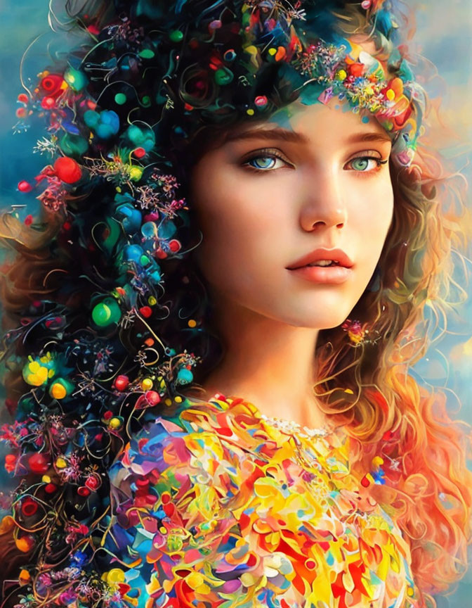 Vibrant portrait of a woman with flowers and berries in curly hair