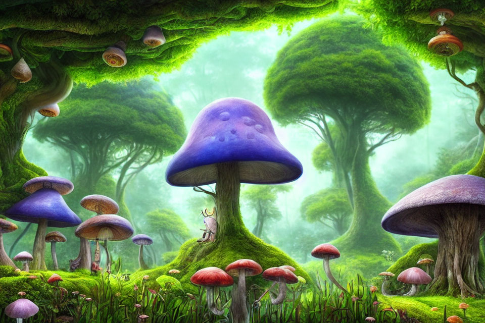 Enchanting Fantasy Forest with Oversized Mushrooms and Whimsical Snails