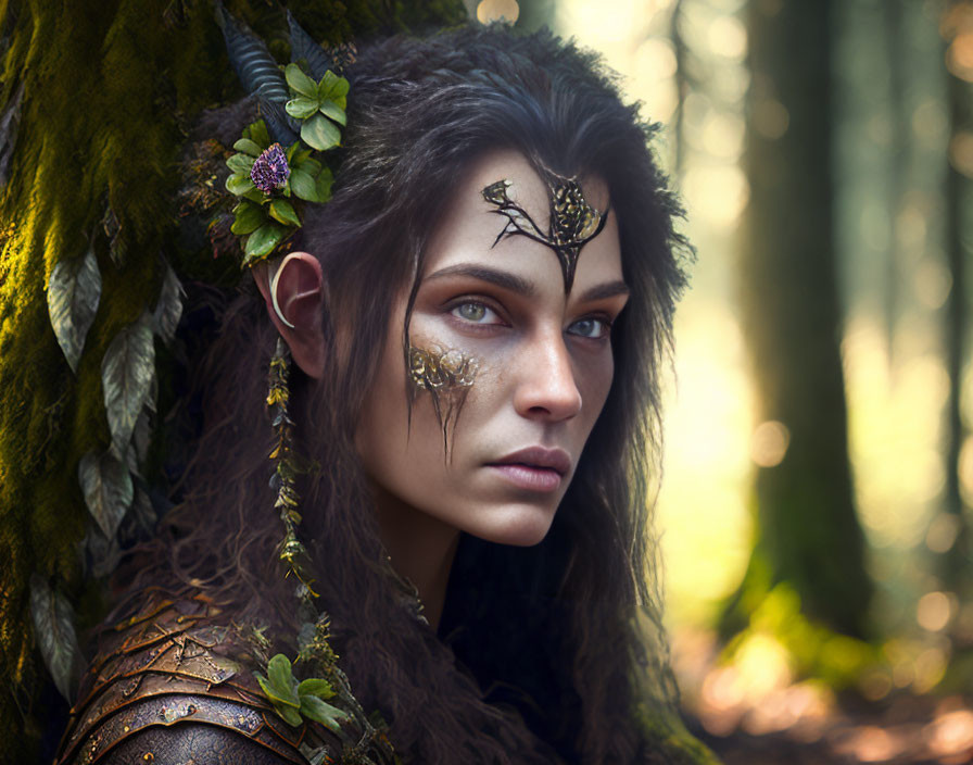 Elfin woman with natural elements in mystical forest