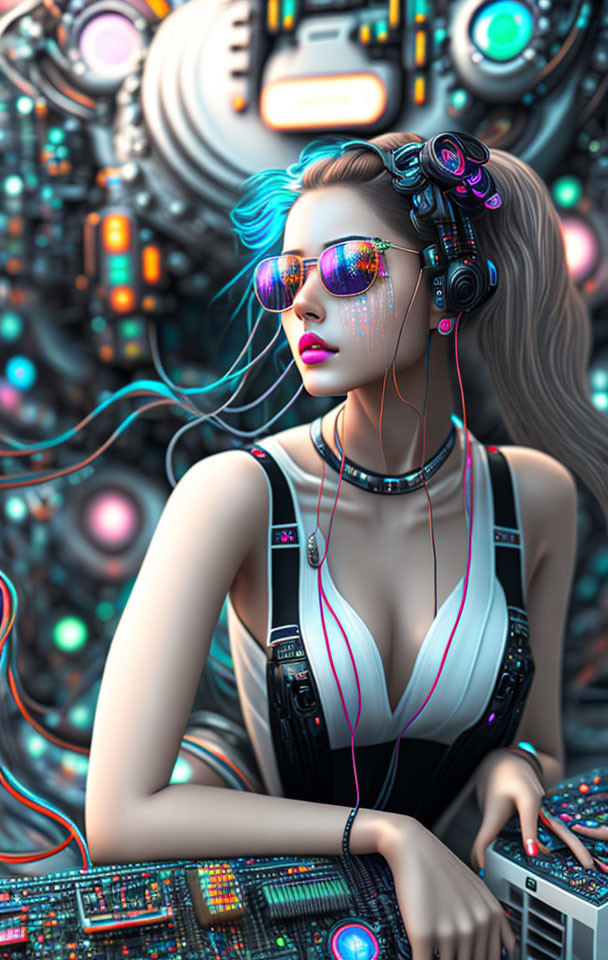 Futuristic woman with cybernetic features and headphones in high-tech setting