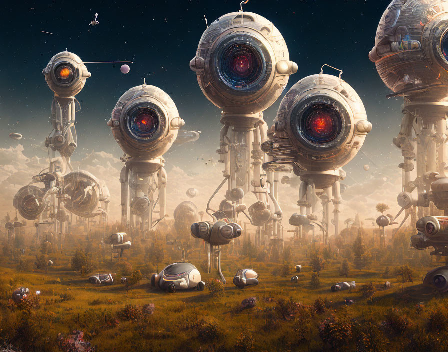 Fantastical landscape with hovering robotic spheres in golden haze