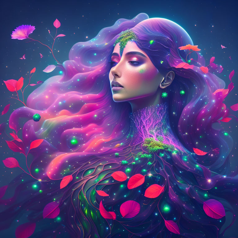 Vibrant digital artwork: Woman with flowing hair in cosmic scenery.