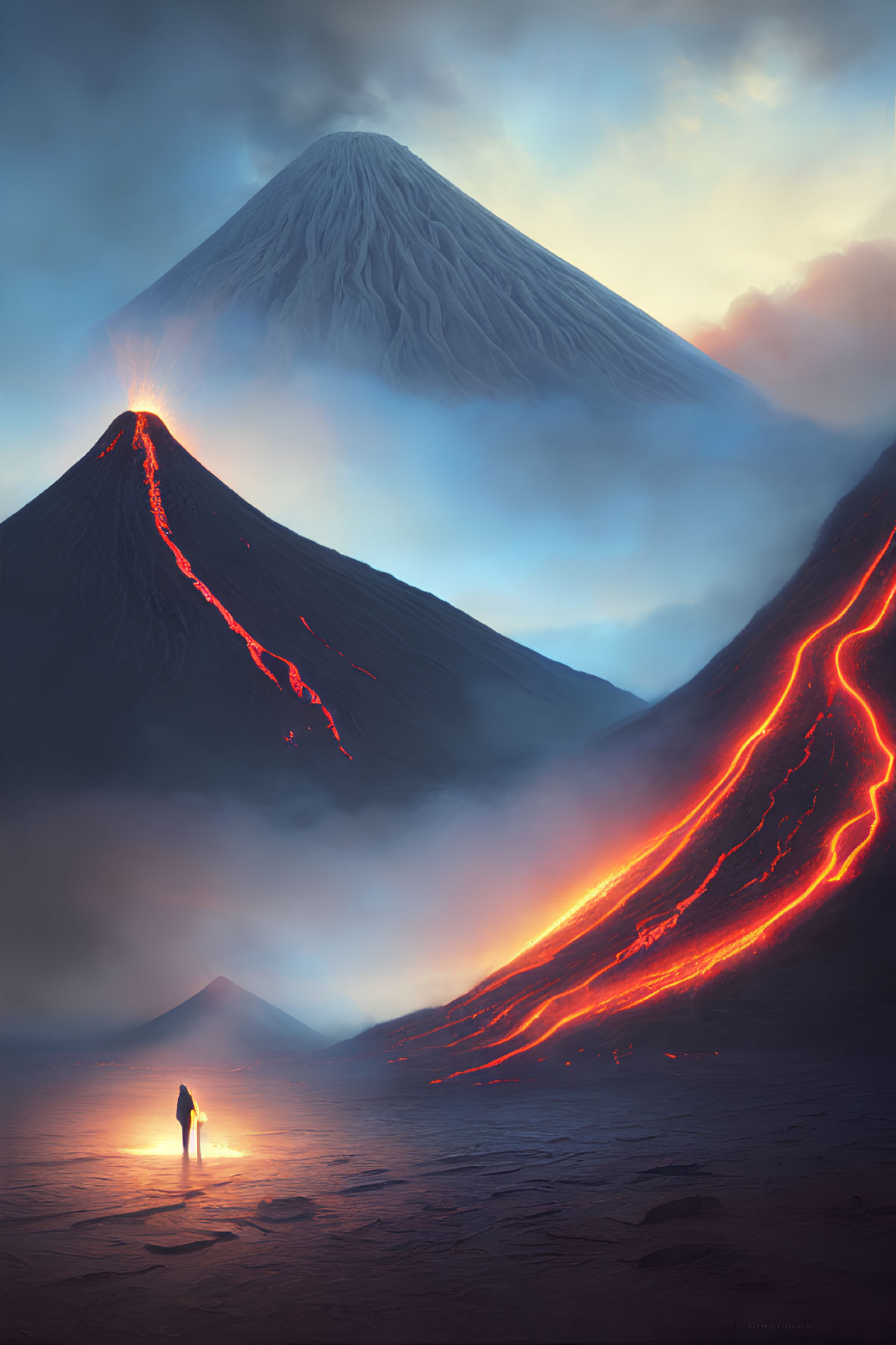 Person facing erupting volcano and snow-capped mountain under ominous sky