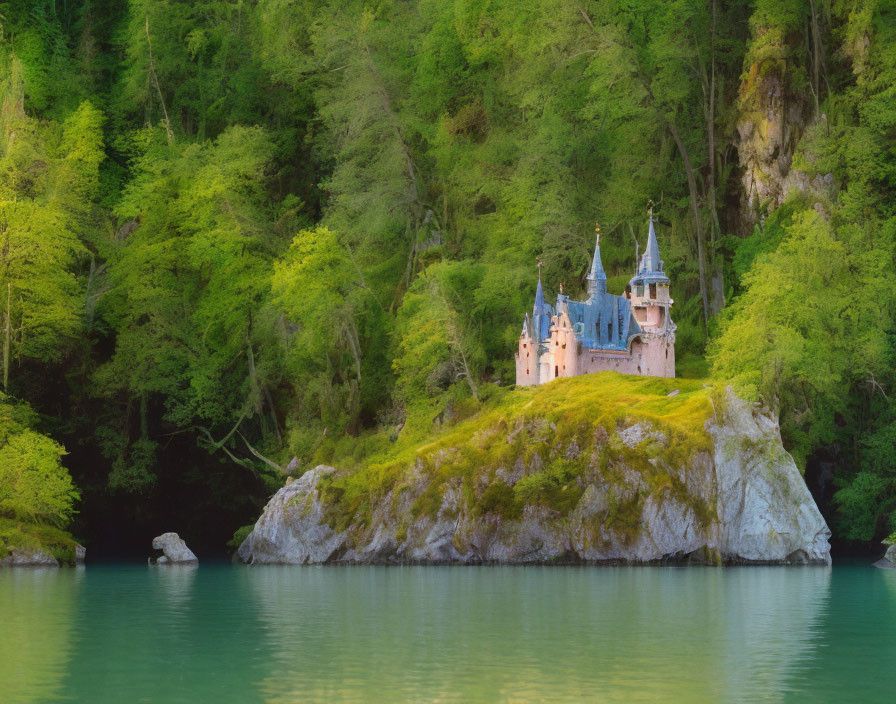 Pink Castle on Green Hill by Serene Lake & Forest