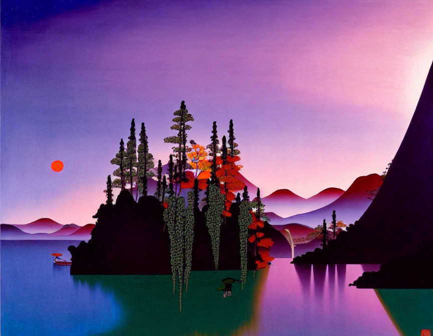 Tranquil sunset over purple-blue landscape with silhouettes of trees, mountains, and calm lake