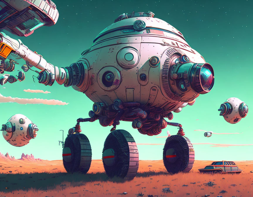 Futuristic illustration with spherical robot, floating orbs, classic car on grassy plain