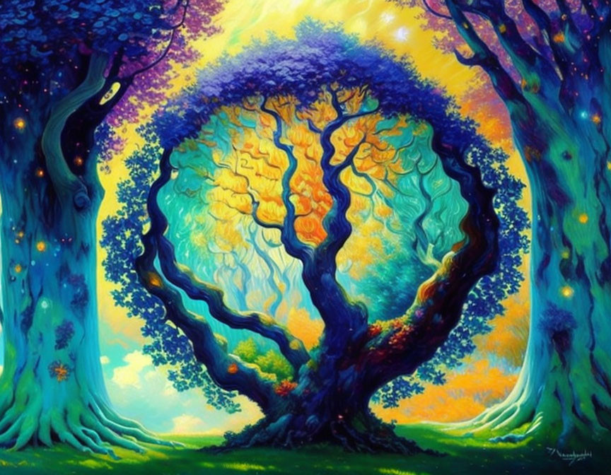 Colorful Tree Painting with Brain-Shaped Canopy in Fantasy Forest