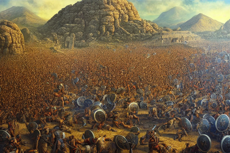 Detailed ancient battlefield with warriors in helmets and armor clashing amidst rocky ruins.