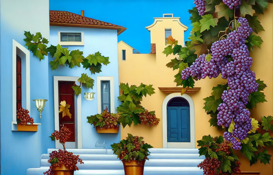 Colorful Mediterranean Style Building with Grapevines under Clear Sky