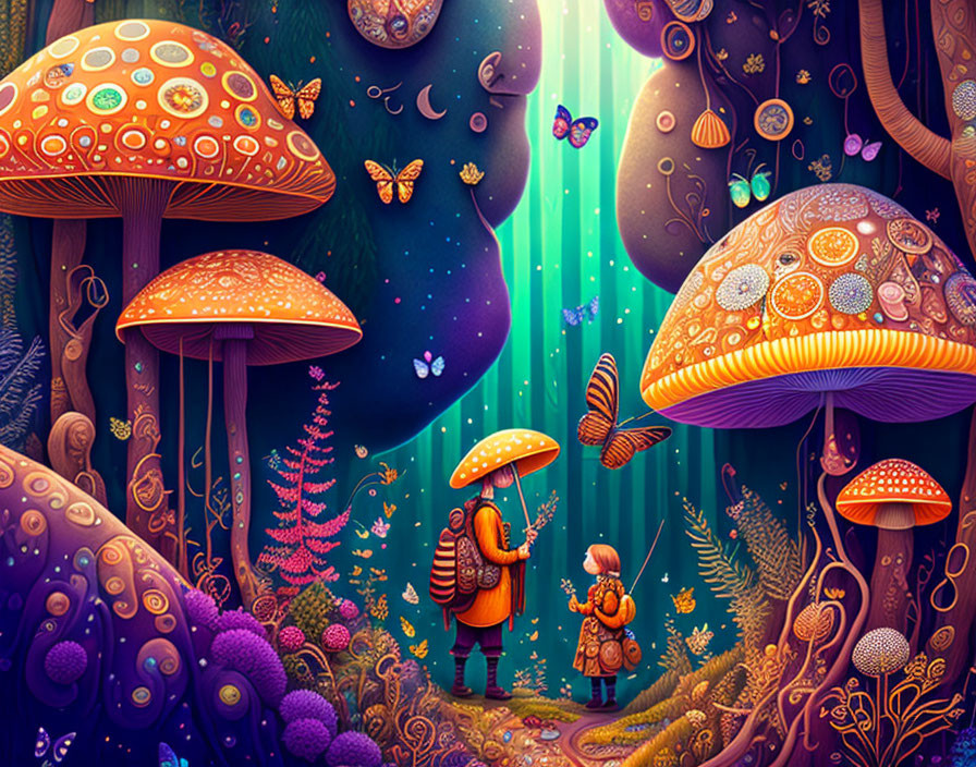 Colorful forest scene with characters under mushroom umbrella