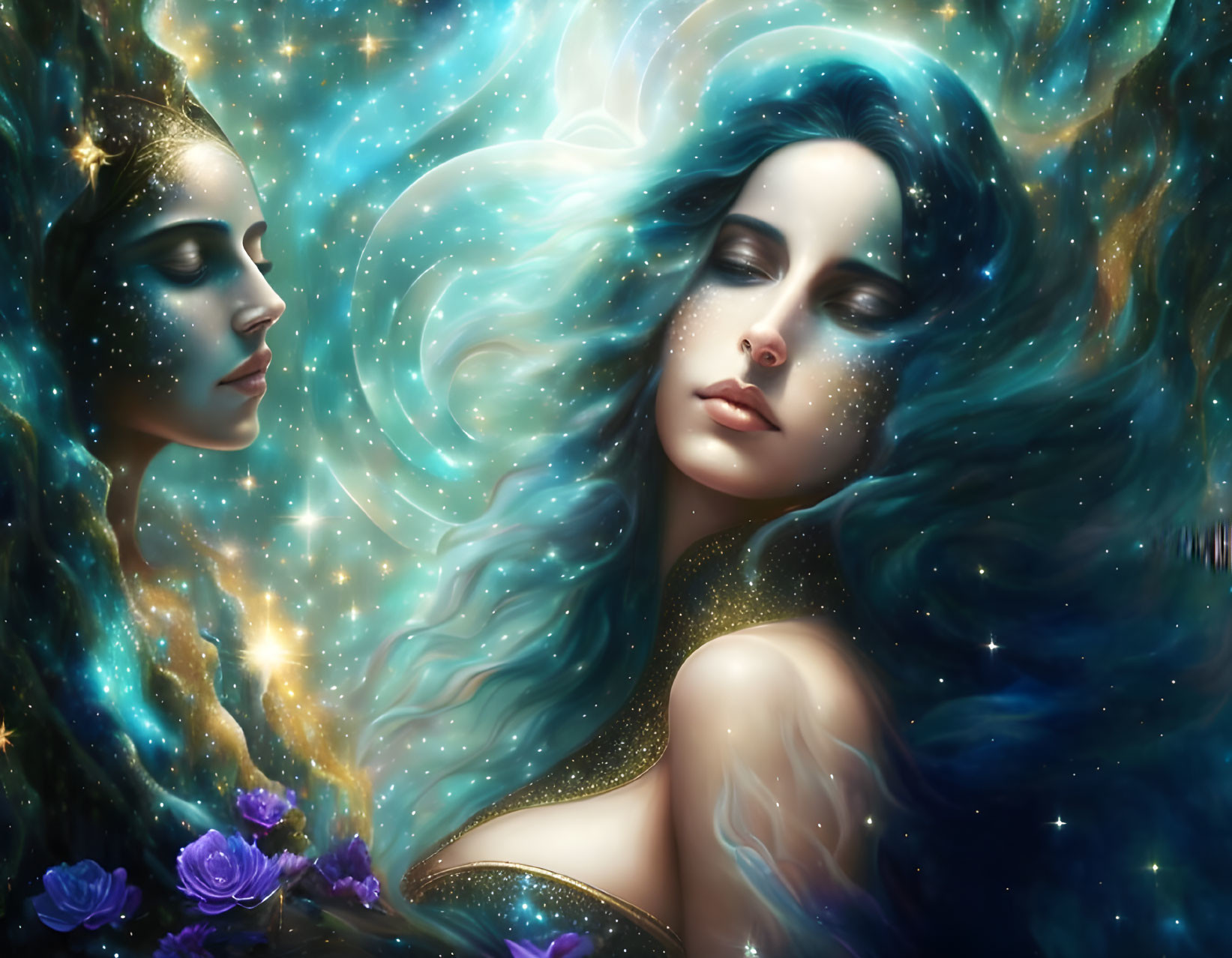 Fantastical Artwork: Two Women in Cosmic Setting with Stars and Purple Flowers